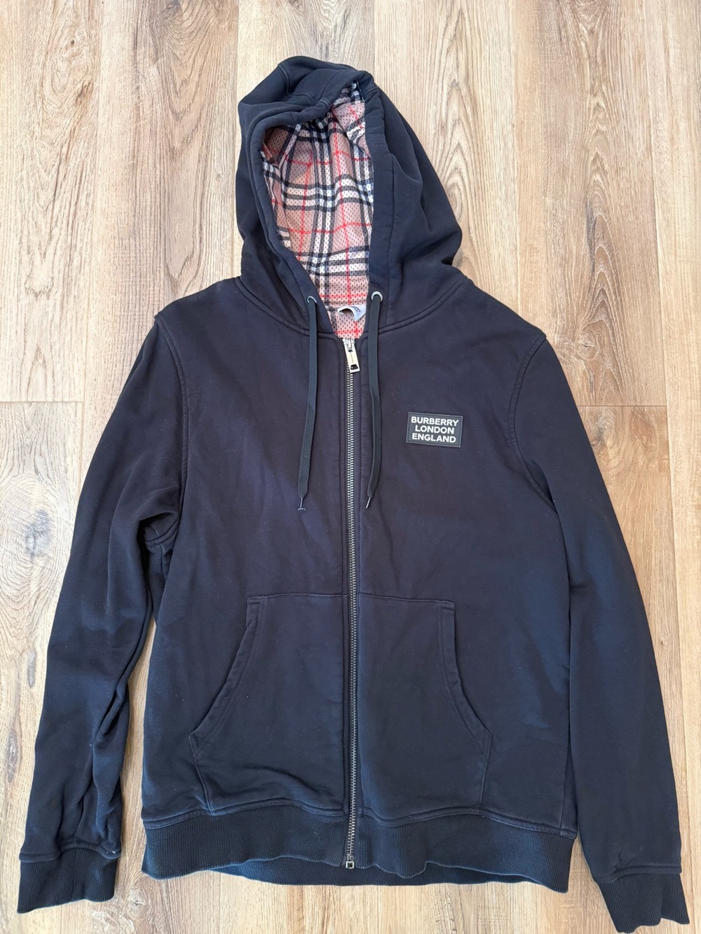 Burberry Black Zip-Up Hoodie with Signature Check Hood Lining